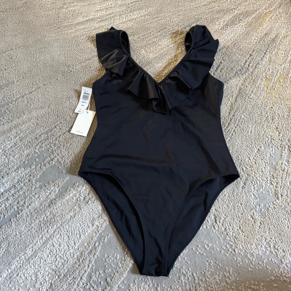 Aritzia Wilfred Danette Black Ruffle Bodysuit v neck plunge  72145 small new